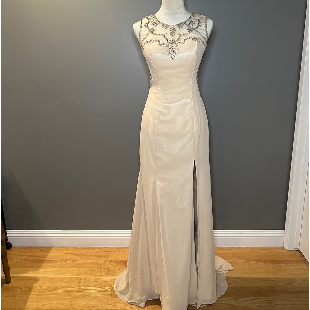 Custom Formal Backless Mesh Beaded Gown. Champagne color